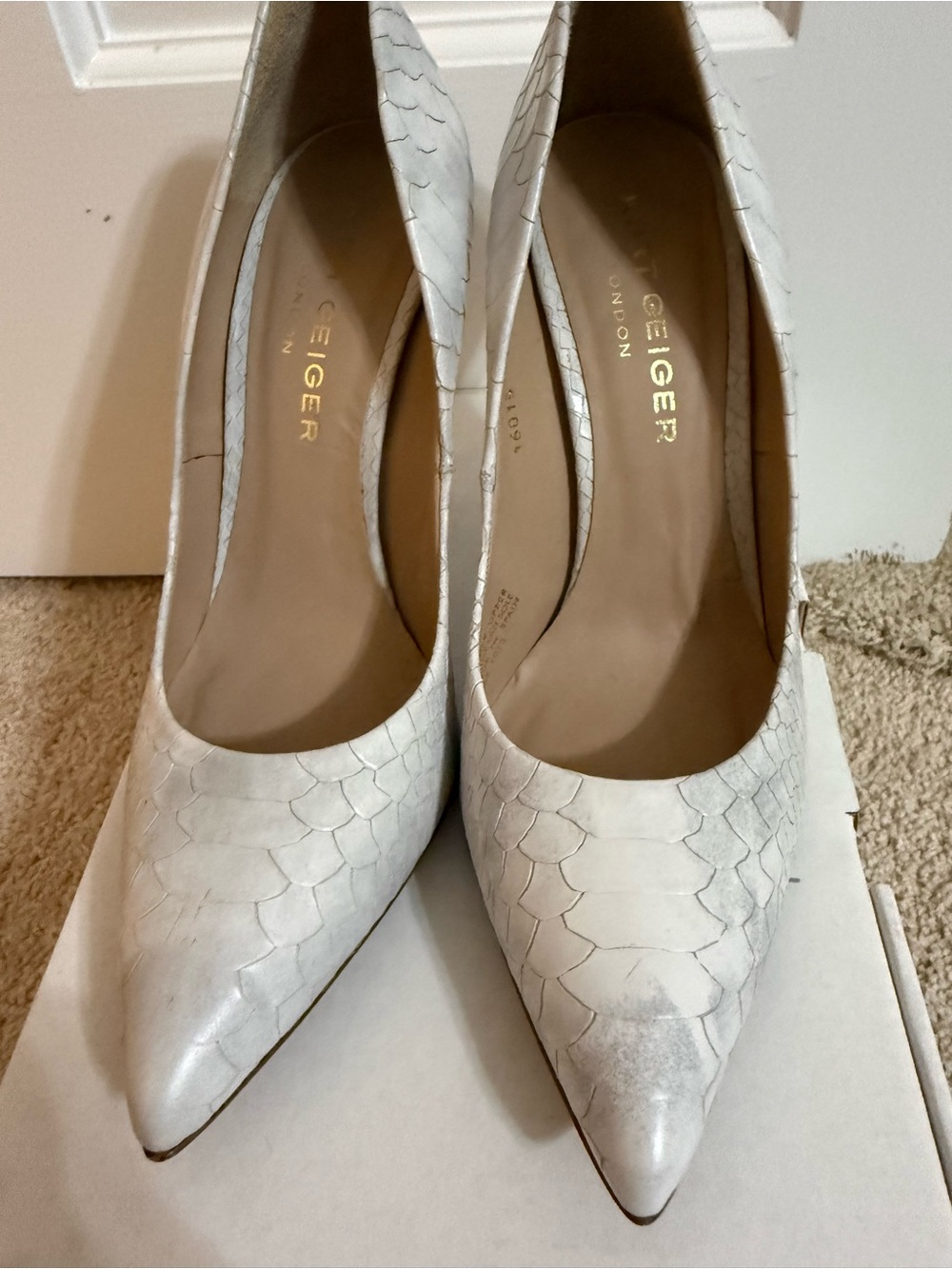 Kurt Geiger White Scaled Pointed Toe Pumps